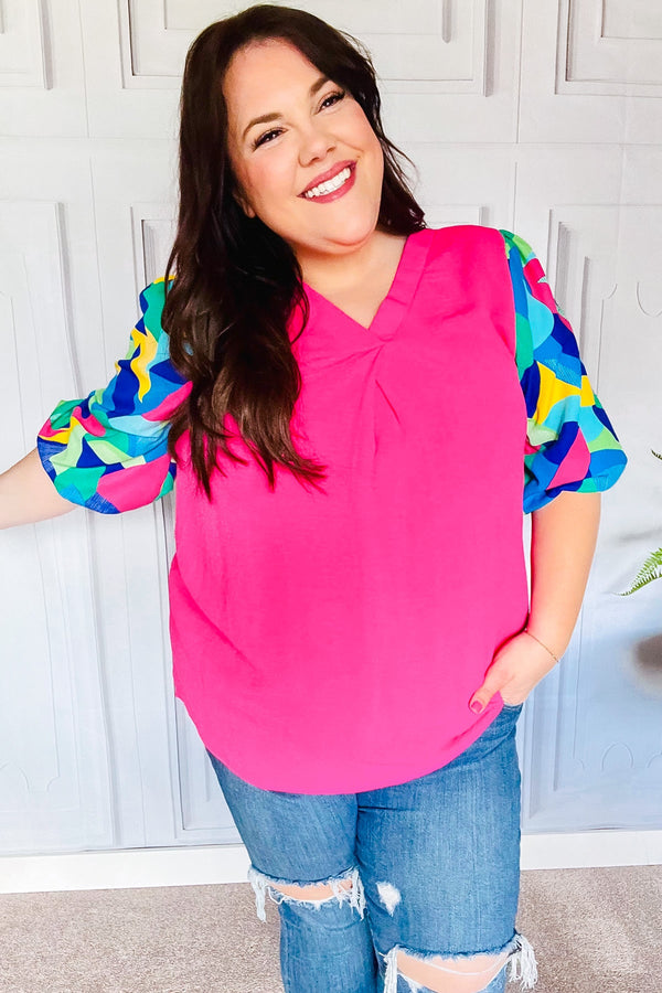 Tell Your Story Fuchsia Geo Print Puff Sleeve V Neck Top - Coeur de la Mode