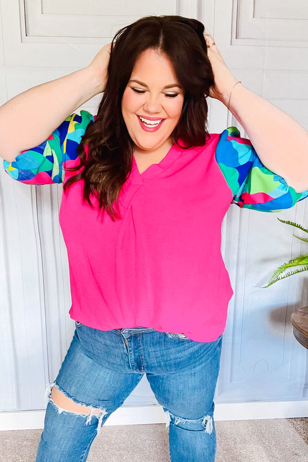Tell Your Story Fuchsia Geo Print Puff Sleeve V Neck Top - Coeur de la Mode