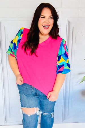 Tell Your Story Fuchsia Geo Print Puff Sleeve V Neck Top - Coeur de la Mode