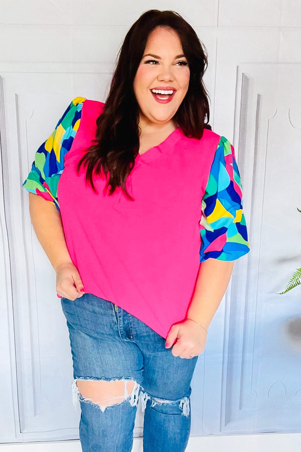 Tell Your Story Fuchsia Geo Print Puff Sleeve V Neck Top - Coeur de la Mode