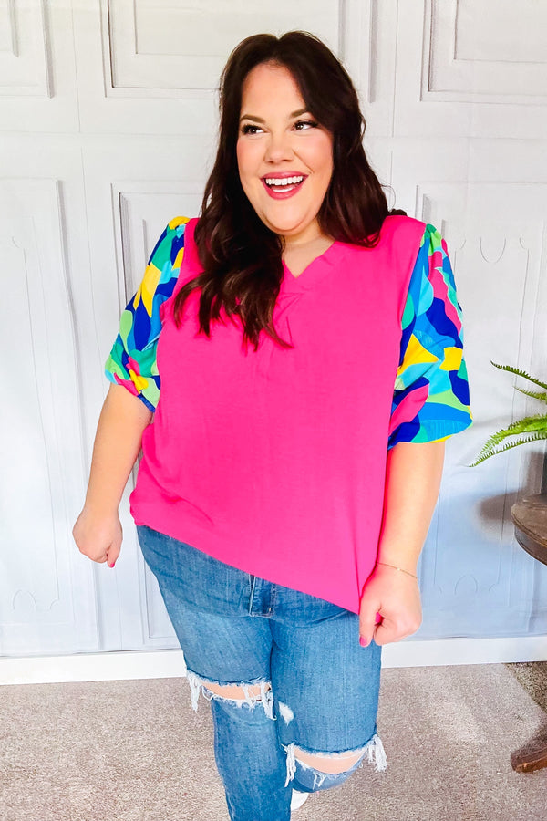Tell Your Story Fuchsia Geo Print Puff Sleeve V Neck Top - Coeur de la Mode