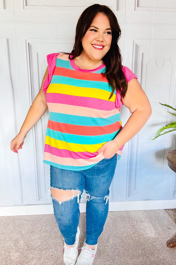 Relaxed Fun Mint & Fuchsia Stripe Flutter Sleeve Terry Knit Top - Coeur de la Mode
