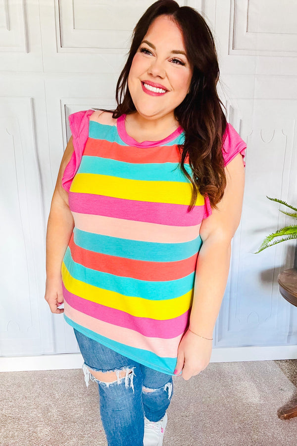 Relaxed Fun Mint & Fuchsia Stripe Flutter Sleeve Terry Knit Top - Coeur de la Mode