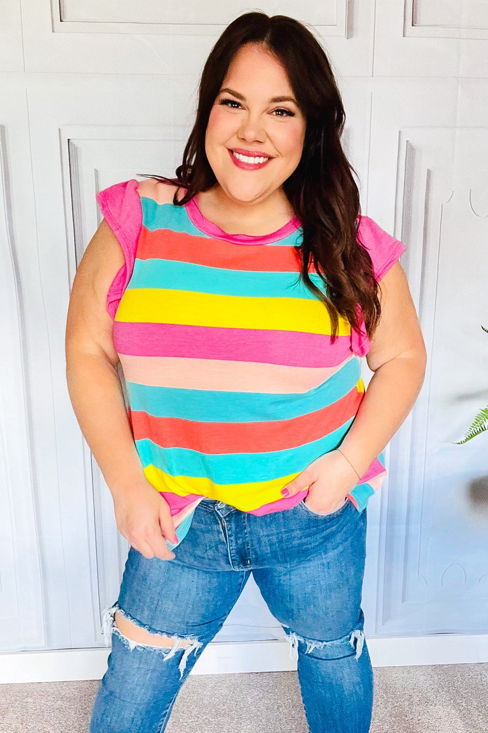 Relaxed Fun Mint & Fuchsia Stripe Flutter Sleeve Terry Knit Top - Coeur de la Mode