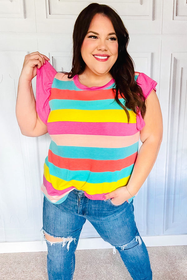 Relaxed Fun Mint & Fuchsia Stripe Flutter Sleeve Terry Knit Top - Coeur de la Mode
