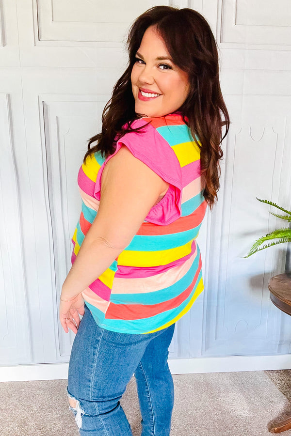 Relaxed Fun Mint & Fuchsia Stripe Flutter Sleeve Terry Knit Top - Coeur de la Mode