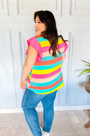 Relaxed Fun Mint & Fuchsia Stripe Flutter Sleeve Terry Knit Top - Coeur de la Mode