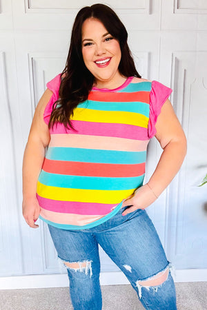 Relaxed Fun Mint & Fuchsia Stripe Flutter Sleeve Terry Knit Top - Coeur de la Mode