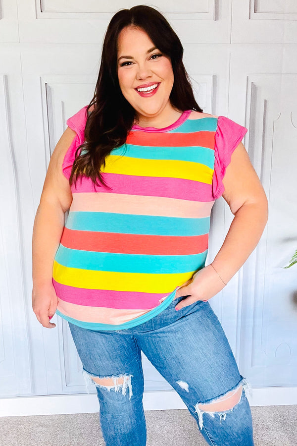 Relaxed Fun Mint & Fuchsia Stripe Flutter Sleeve Terry Knit Top - Coeur de la Mode