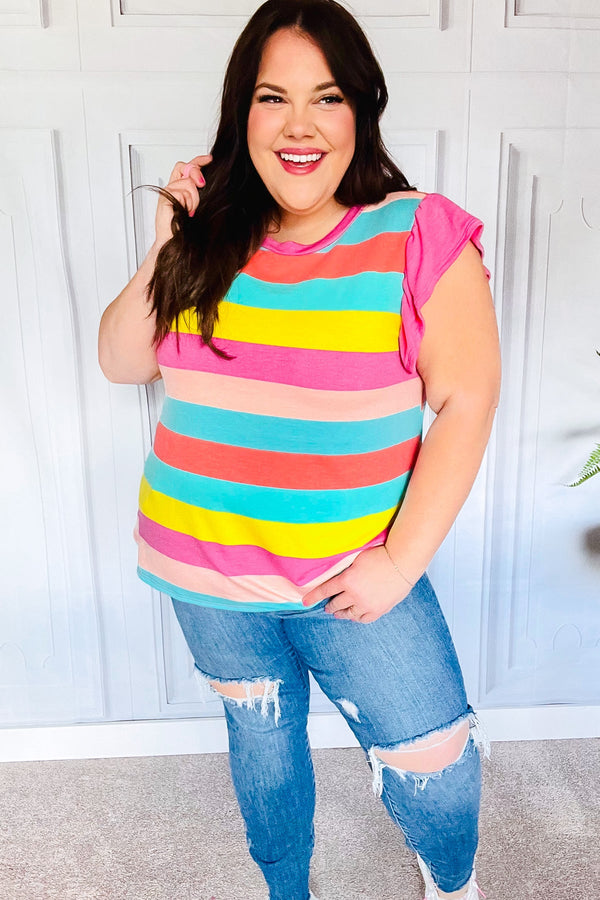 Relaxed Fun Mint & Fuchsia Stripe Flutter Sleeve Terry Knit Top - Coeur de la Mode