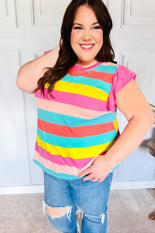 Relaxed Fun Mint & Fuchsia Stripe Flutter Sleeve Terry Knit Top - Coeur de la Mode