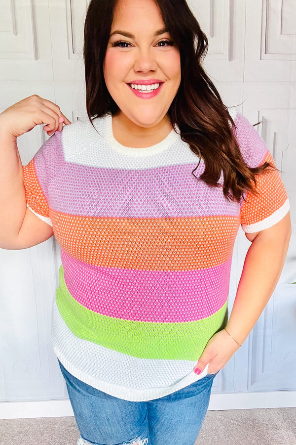 Get Started Lavender & Orange Stripe Jacquard Sweater Top - Coeur de la Mode