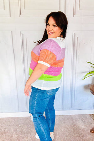 Get Started Lavender & Orange Stripe Jacquard Sweater Top - Coeur de la Mode