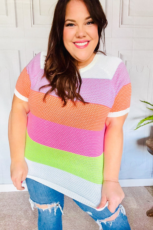 Get Started Lavender & Orange Stripe Jacquard Sweater Top - Coeur de la Mode