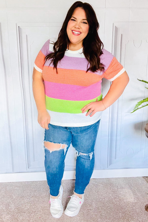 Get Started Lavender & Orange Stripe Jacquard Sweater Top - Coeur de la Mode