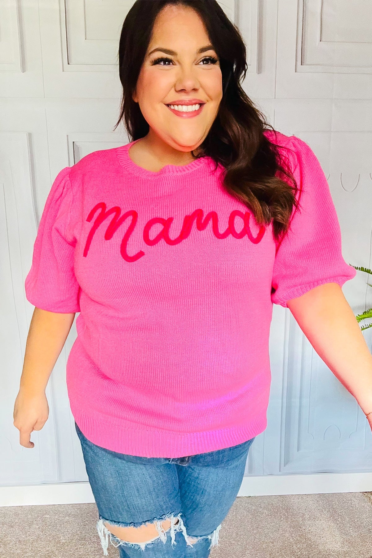 Take A Bow Pink "Mama" Embroidery Puff Sleeve Sweater Top