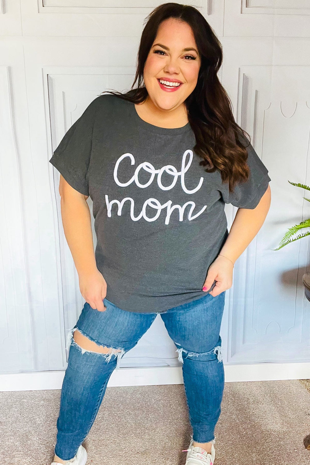 Take A Bow Charcoal "Cool Mom" Embroidery Pop-Up Rib Dolman Top - Coeur de la Mode