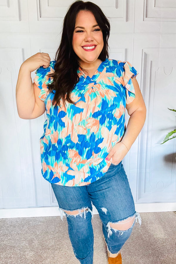 Tropical Breeze Turquoise Floral Banded V Neck Flutter Sleeve Top - Coeur de la Mode