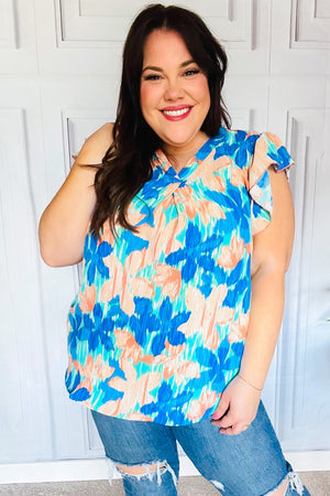 Tropical Breeze Turquoise Floral Banded V Neck Flutter Sleeve Top - Coeur de la Mode