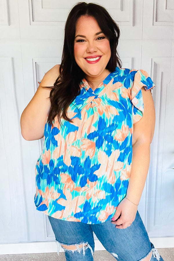 Tropical Breeze Turquoise Floral Banded V Neck Flutter Sleeve Top - Coeur de la Mode