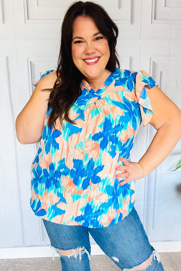 Tropical Breeze Turquoise Floral Banded V Neck Flutter Sleeve Top - Coeur de la Mode