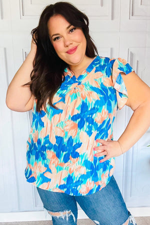 Tropical Breeze Turquoise Floral Banded V Neck Flutter Sleeve Top - Coeur de la Mode