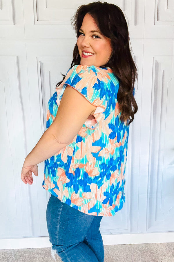 Tropical Breeze Turquoise Floral Banded V Neck Flutter Sleeve Top - Coeur de la Mode