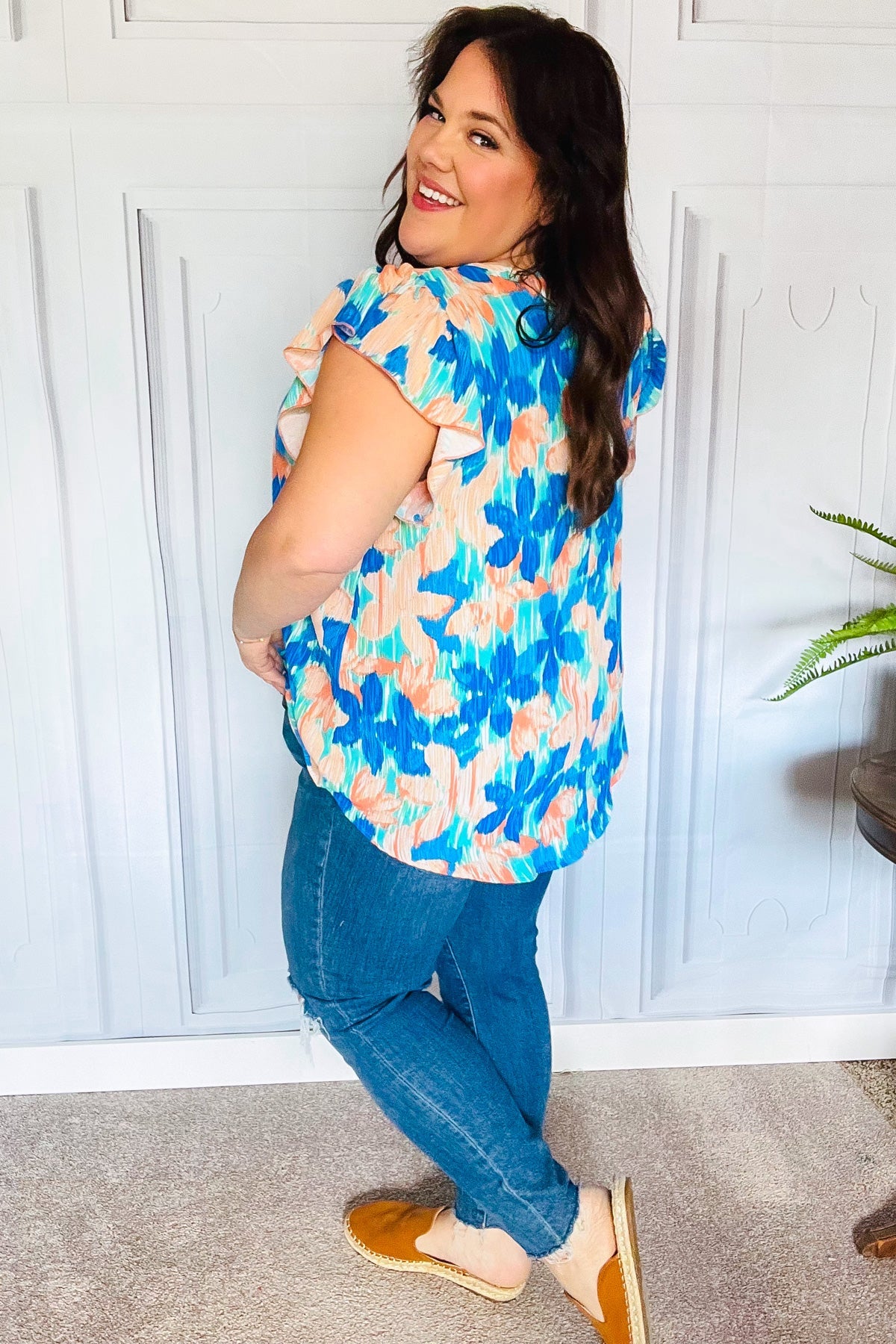 Tropical Breeze Turquoise Floral Banded V Neck Flutter Sleeve Top