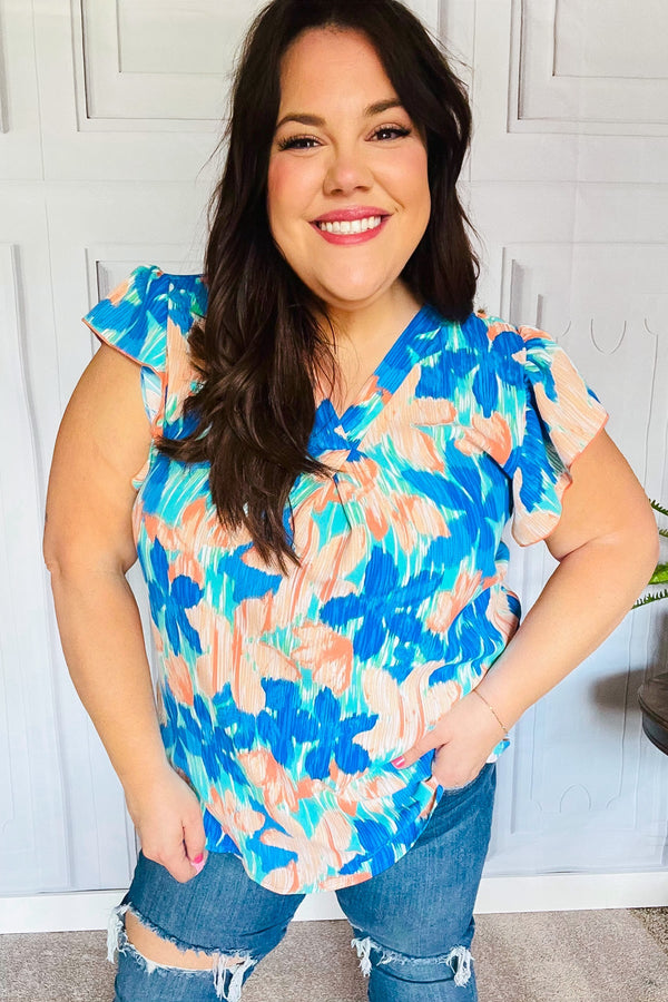 Tropical Breeze Turquoise Floral Banded V Neck Flutter Sleeve Top - Coeur de la Mode