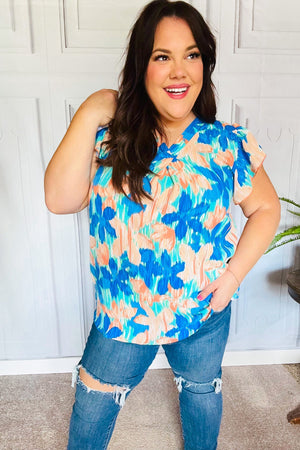 Tropical Breeze Turquoise Floral Banded V Neck Flutter Sleeve Top - Coeur de la Mode