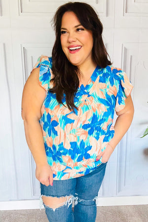 Tropical Breeze Turquoise Floral Banded V Neck Flutter Sleeve Top - Coeur de la Mode