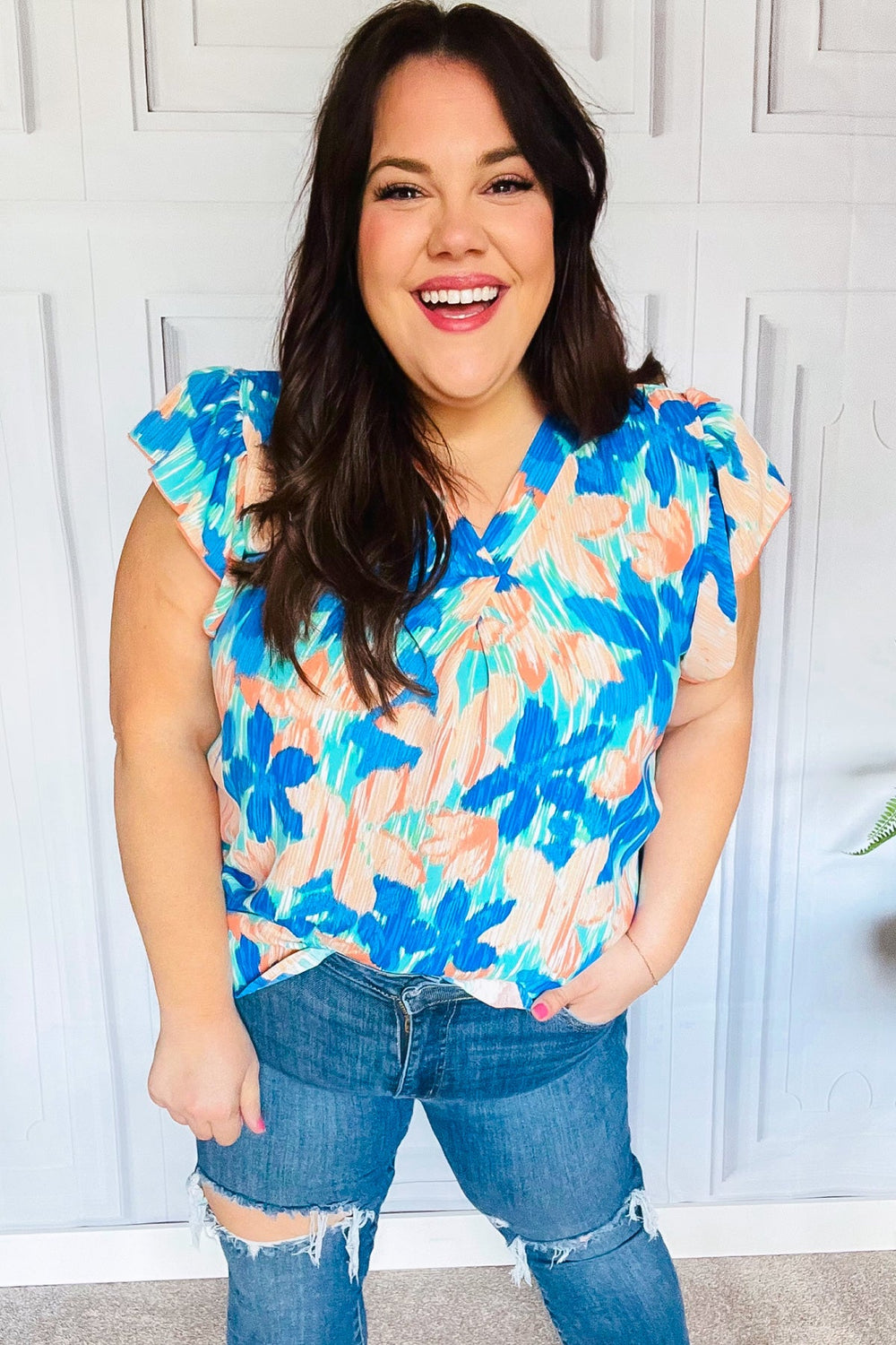 Tropical Breeze Turquoise Floral Banded V Neck Flutter Sleeve Top - Coeur de la Mode