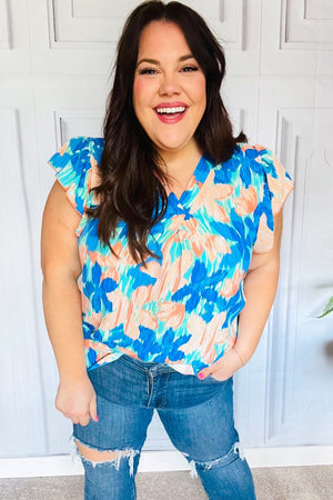 Tropical Breeze Turquoise Floral Banded V Neck Flutter Sleeve Top - Coeur de la Mode