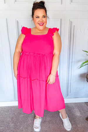 Lots To Love Fuchsia Smocked Flutter Sleeve Tiered Midi Dress - Coeur de la Mode