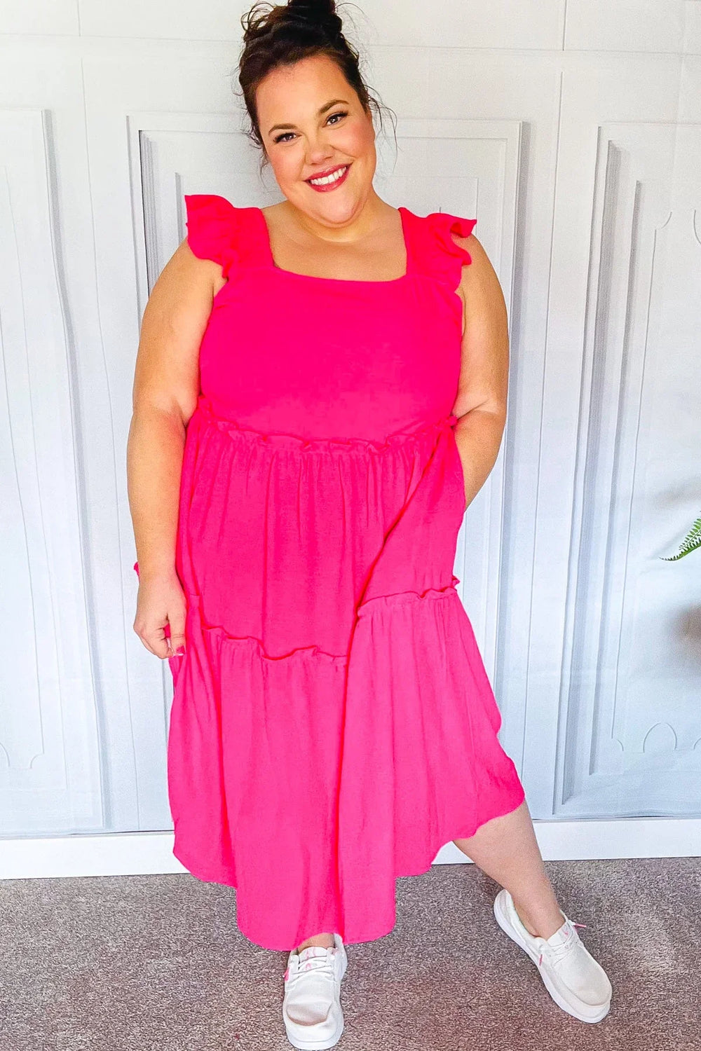 Lots To Love Fuchsia Smocked Flutter Sleeve Tiered Midi Dress - Coeur de la Mode