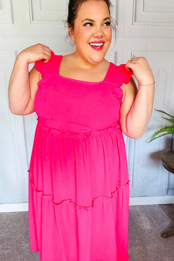Lots To Love Fuchsia Smocked Flutter Sleeve Tiered Midi Dress - Coeur de la Mode