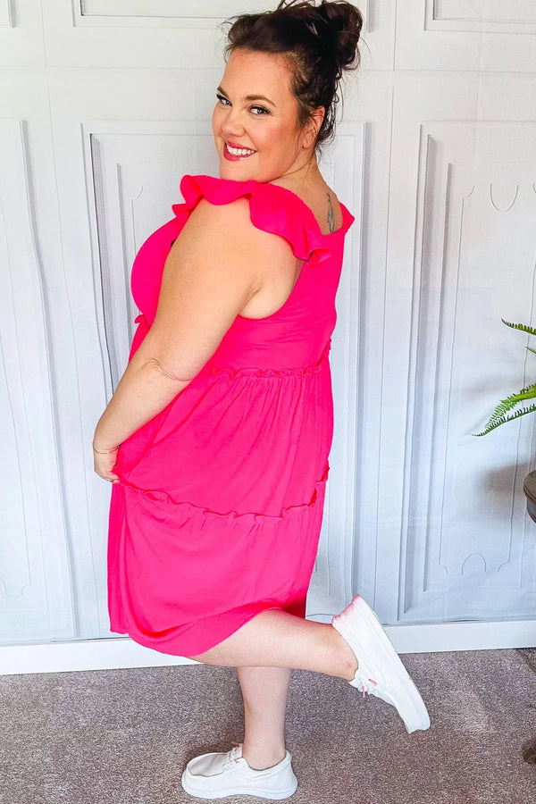 Lots To Love Fuchsia Smocked Flutter Sleeve Tiered Midi Dress - Coeur de la Mode