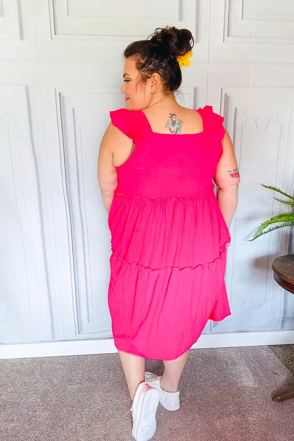 Lots To Love Fuchsia Smocked Flutter Sleeve Tiered Midi Dress - Coeur de la Mode
