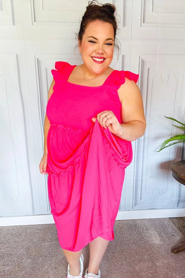 Lots To Love Fuchsia Smocked Flutter Sleeve Tiered Midi Dress - Coeur de la Mode