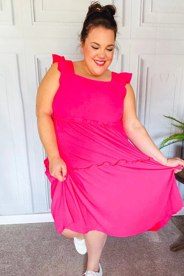 Lots To Love Fuchsia Smocked Flutter Sleeve Tiered Midi Dress - Coeur de la Mode
