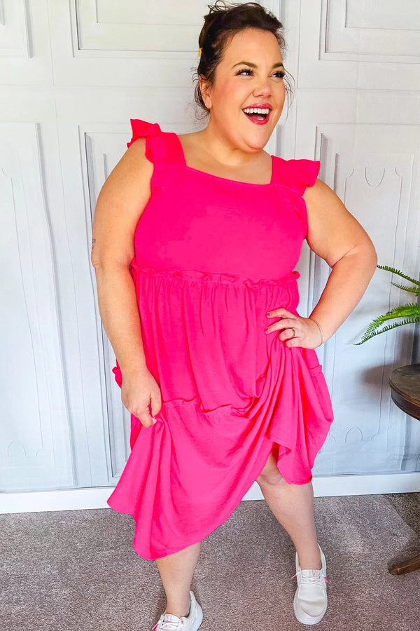Lots To Love Fuchsia Smocked Flutter Sleeve Tiered Midi Dress - Coeur de la Mode
