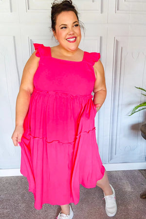 Lots To Love Fuchsia Smocked Flutter Sleeve Tiered Midi Dress - Coeur de la Mode