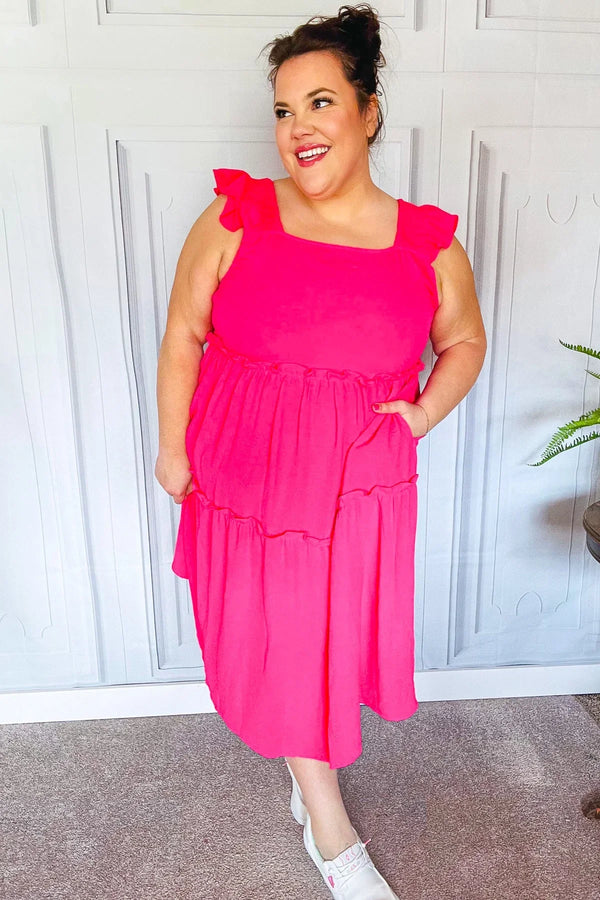 Lots To Love Fuchsia Smocked Flutter Sleeve Tiered Midi Dress - Coeur de la Mode