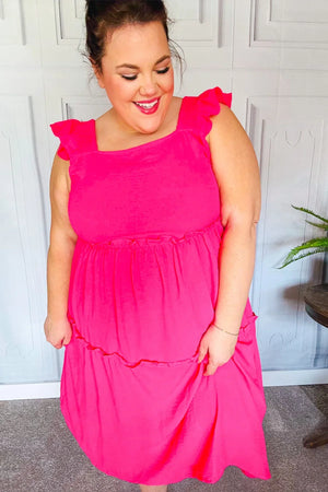 Lots To Love Fuchsia Smocked Flutter Sleeve Tiered Midi Dress - Coeur de la Mode
