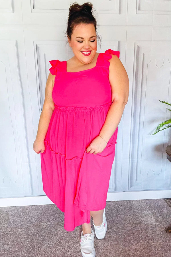 Lots To Love Fuchsia Smocked Flutter Sleeve Tiered Midi Dress - Coeur de la Mode