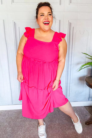 Lots To Love Fuchsia Smocked Flutter Sleeve Tiered Midi Dress - Coeur de la Mode