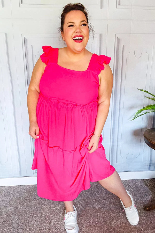 Lots To Love Fuchsia Smocked Flutter Sleeve Tiered Midi Dress - Coeur de la Mode
