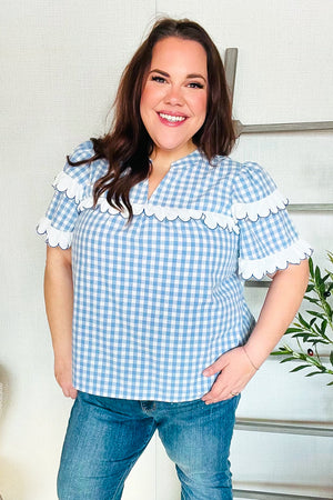 Lost In Love Cotton Blue Gingham Shirred Mock Neck Top - Coeur de la Mode