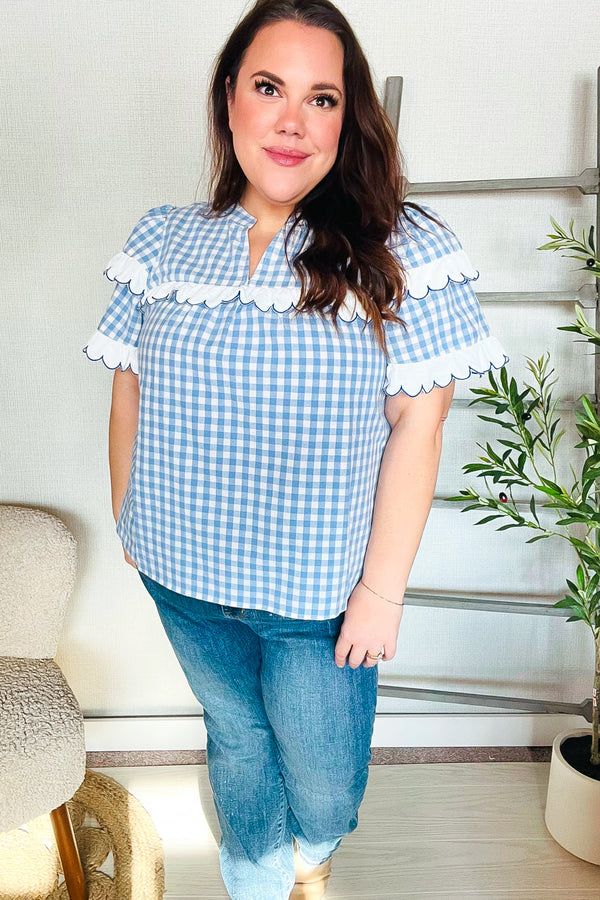 Lost In Love Cotton Blue Gingham Shirred Mock Neck Top - Coeur de la Mode