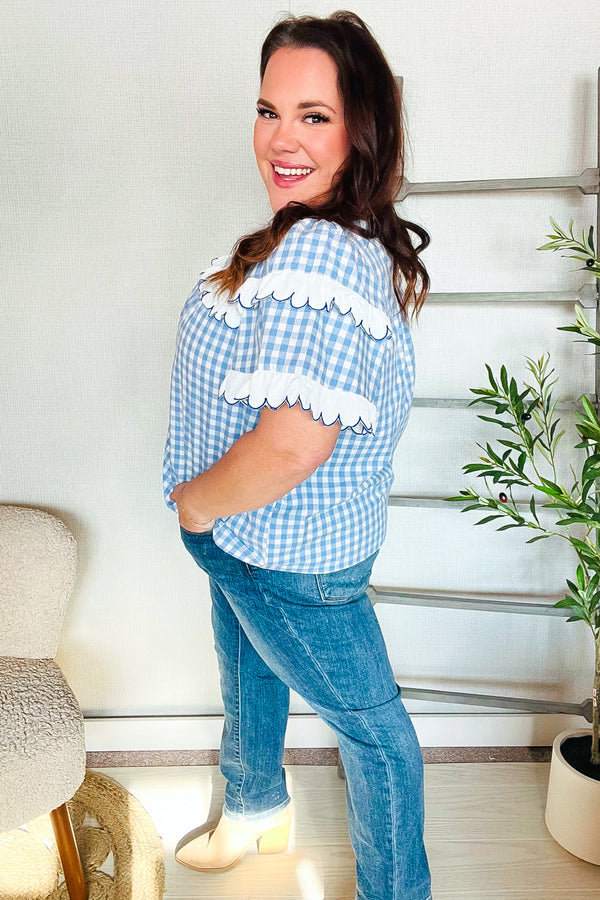 Lost In Love Cotton Blue Gingham Shirred Mock Neck Top - Coeur de la Mode